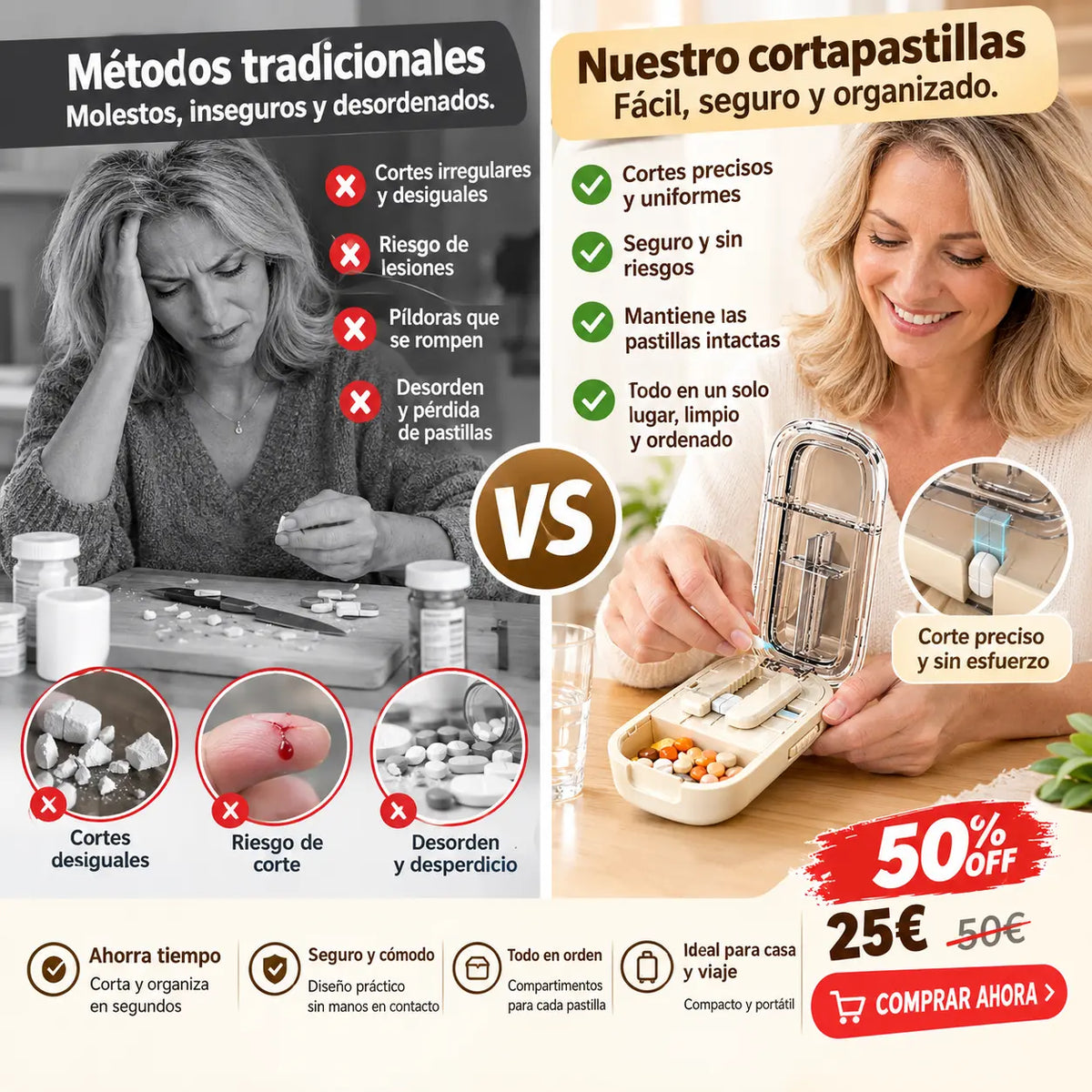 ✂️ Cortador de Pastillas Multifuncional – Divide en 2, 3 o 4 Partes, Caja Almacenadora Portátil 💊