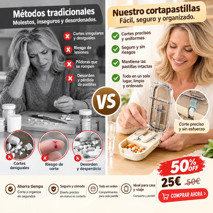✂️ Cortador de Pastillas Multifuncional – Divide en 2, 3 o 4 Partes, Caja Almacenadora Portátil 💊