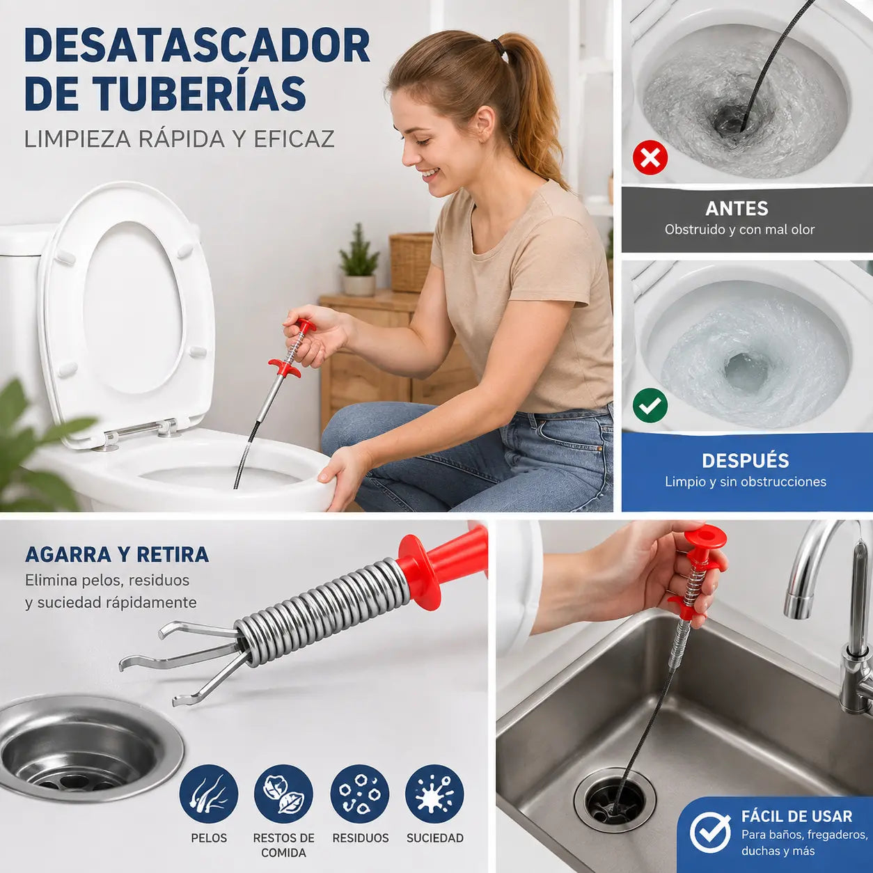 Desatascador doméstico de cuatro garras con sujeción automática.