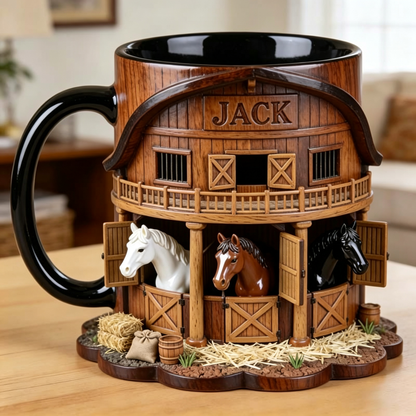 ☕Taza de café 3D con temática de granja y establo, taza de acero inoxidable con relieve tridimensional, regalo ideal para amantes de los caballos.