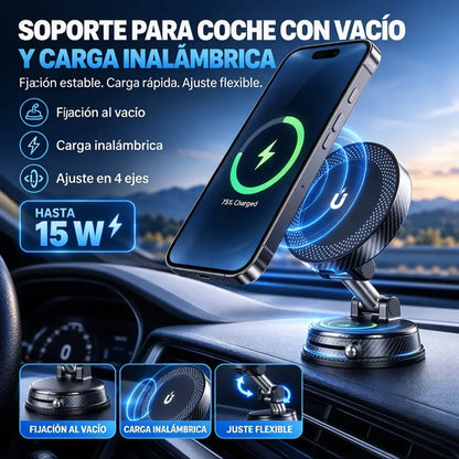 🚗📱 Soporte Magnético para Móvil con Carga Inalámbrica de 15W | Soporte de Coche con Succión al Vacío y Rotación 360°