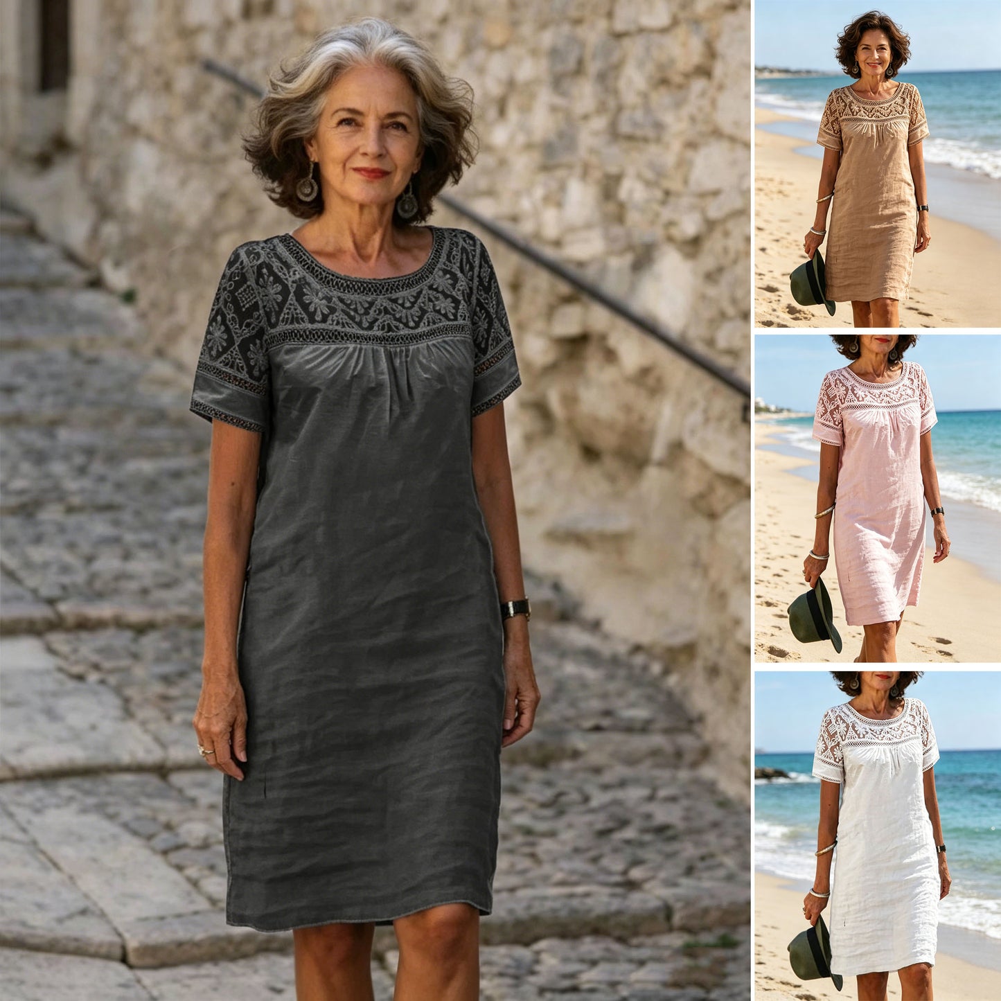 🌸Nuevo vestido de verano, confeccionado con tela de encaje patchwork, diseño de cuello redondo, tejido de mezcla de algodón y lino.