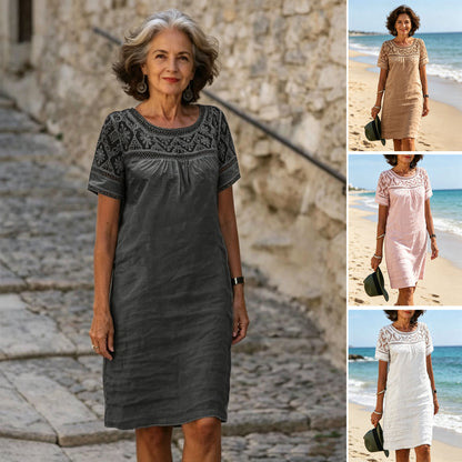 🌸Nuevo vestido de verano, confeccionado con tela de encaje patchwork, diseño de cuello redondo, tejido de mezcla de algodón y lino.
