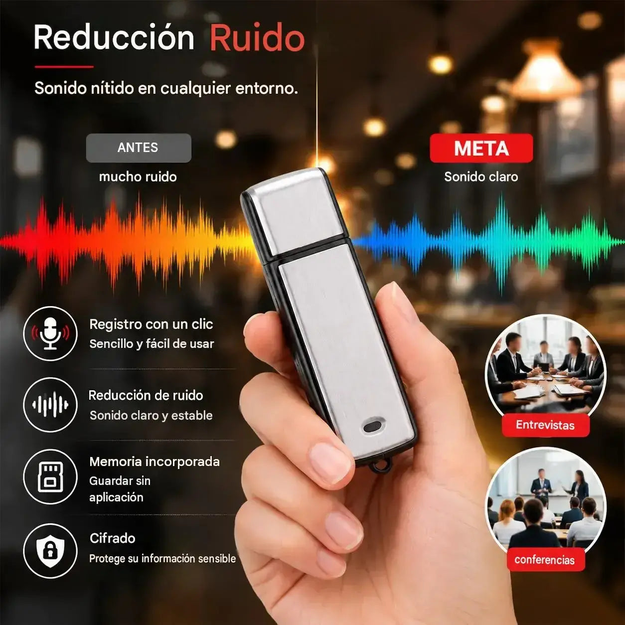Grabadora de voz USB portátil de alta resolución con reducción de ruido