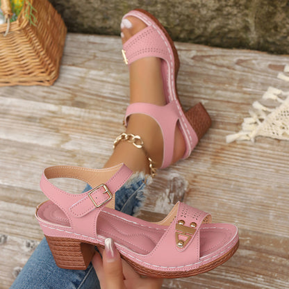🥰【36~43】Sandalias de tacón de bloque para mujer, tacones de punta abierta a la moda, tacones con diseño calado a la moda