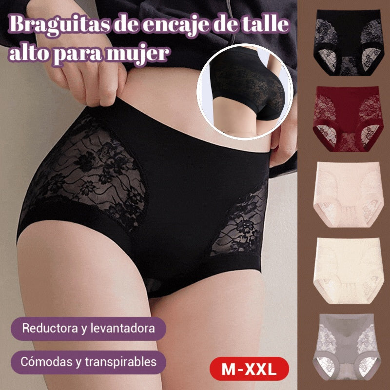 【Compra 2 y llévate 3 gratis】Braguitas de control de abdomen de alta elasticidad con encaje sin costuras para mujer, bragas moldeadoras y levantadoras de glúteos
