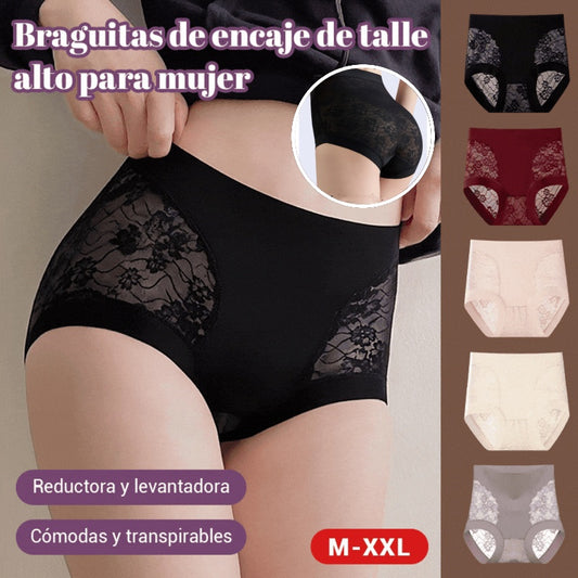 【Compra 2 y llévate 3 gratis】Braguitas de control de abdomen de alta elasticidad con encaje sin costuras para mujer, bragas moldeadoras y levantadoras de glúteos