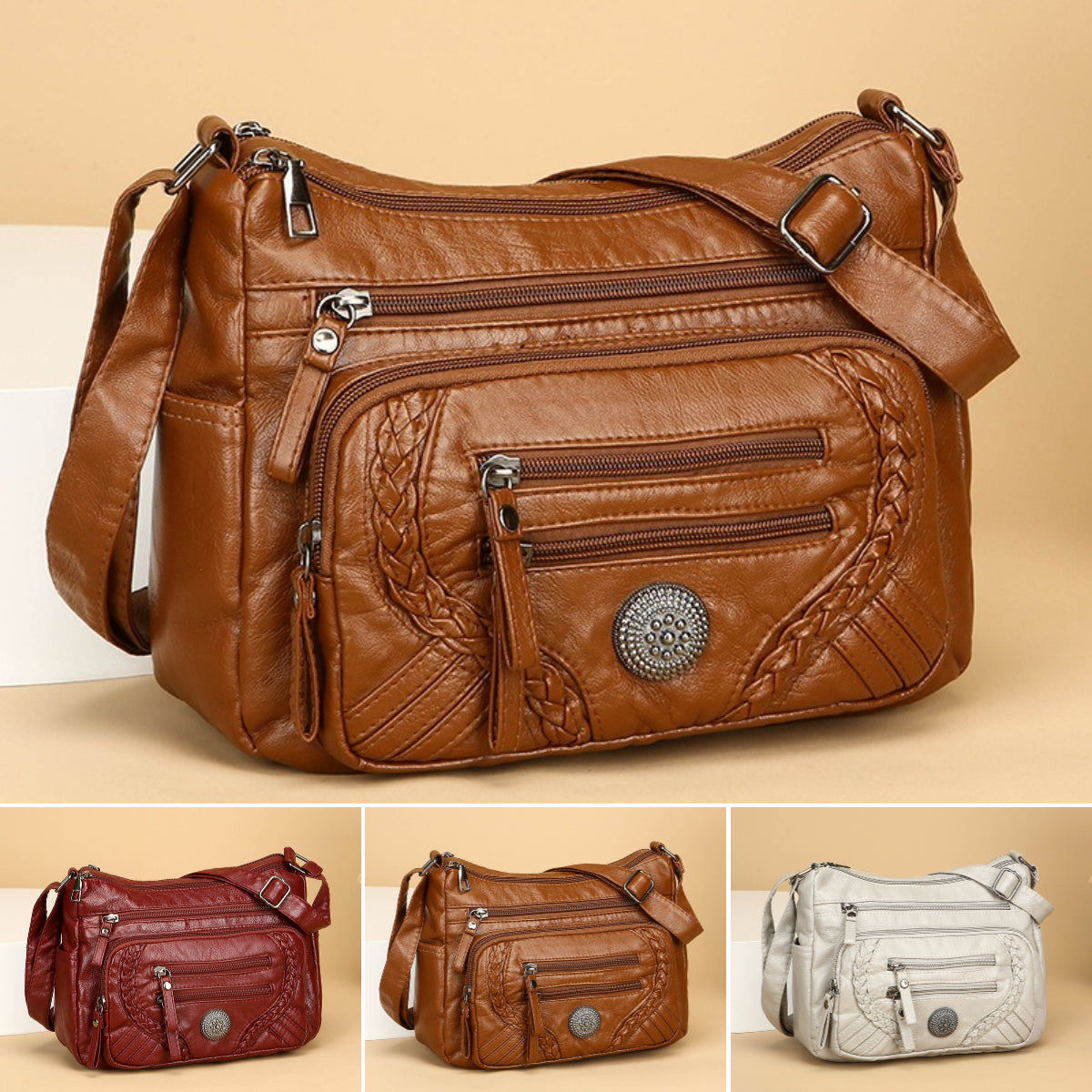 Bolso bandolera/cruzado de piel suave multicapa de gran capacidad para mujer.