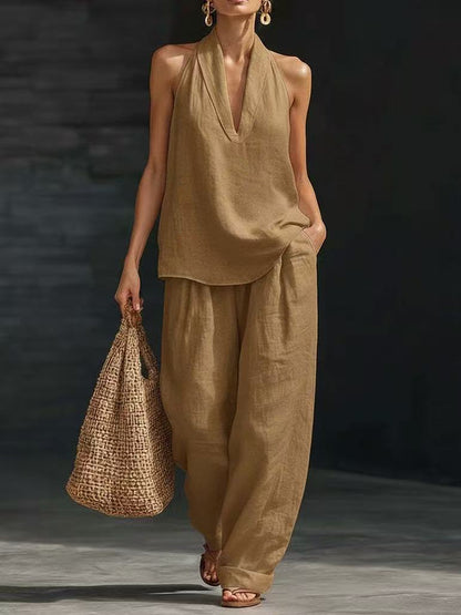 30%OFF【S-5XL】💥Conjunto casual para mujer, top con cuello en V + pantalón de pierna ancha