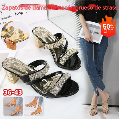 👡【36~43】Zapatillas de tacón alto a la moda con diamantes