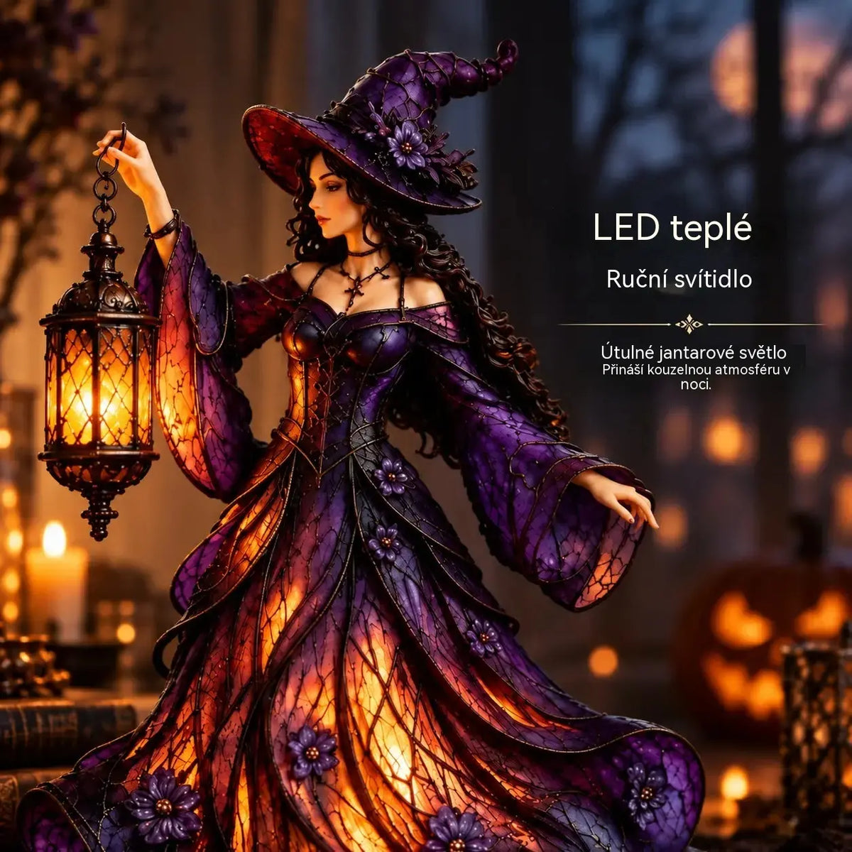 🧙‍♀️ Gotická halloweenská figurka čarodějnice s LED lucernou 🧙‍♀️