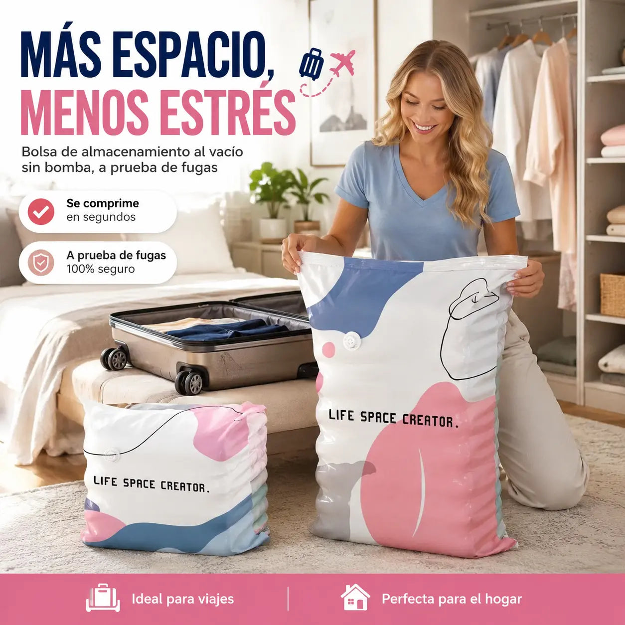 🧳【Juego de 5 piezas】💨 Bolsa de almacenamiento al vacío grande y compresible: no requiere bomba, es a prueba de fugas e ideal para ahorrar espacio en maletas y en casa ✈️