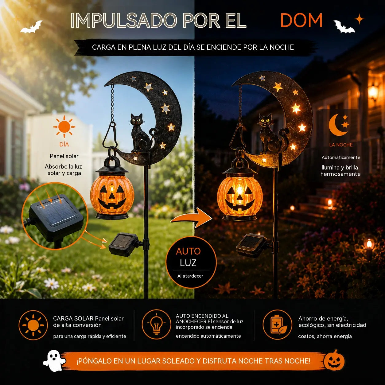 Lámpara decorativa solar para exteriores con forma de calabaza y gato negro.Crea una atmósfera mágica por la noche. Sensor automático, resistente al agua y duradera.