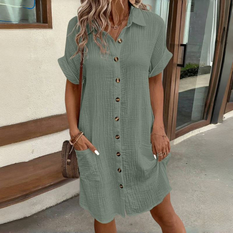 💯【S-2XL】2026 Vestido suelto de lino y algodón de manga corta y largo medio con botones