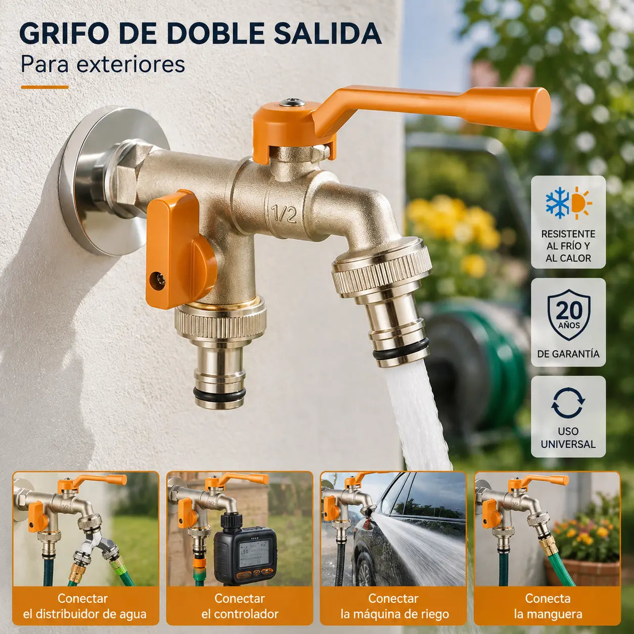 Grifo exterior de doble salida, fabricado en latón reforzado, con conector universal, apto para riego y mangueras.