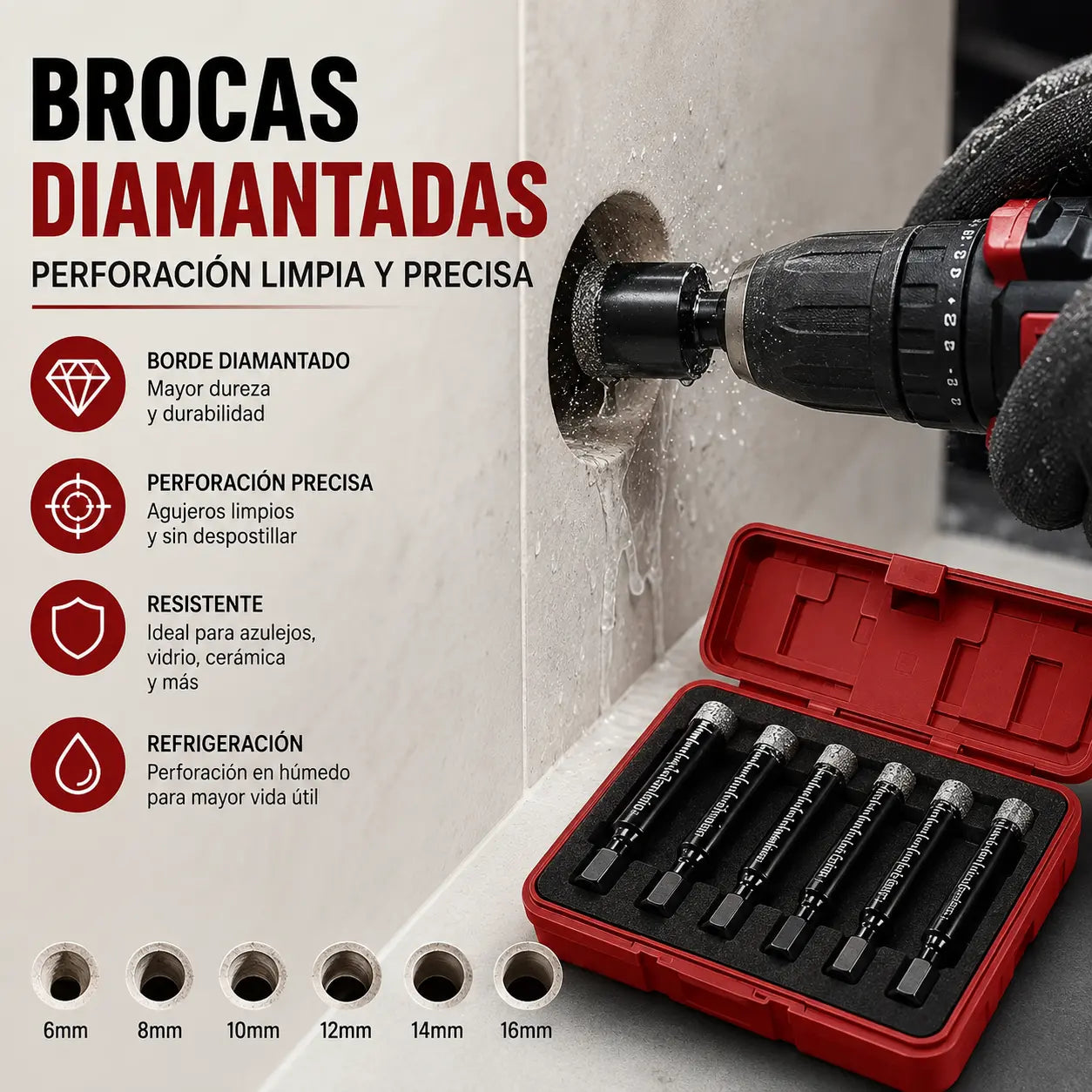 【 6 piezas】Juego de seis brocas huecas de diamante | Perforación limpia y precisa, sin grietas | Alta resistencia al desgaste【6+8+10+12+14+16mm】