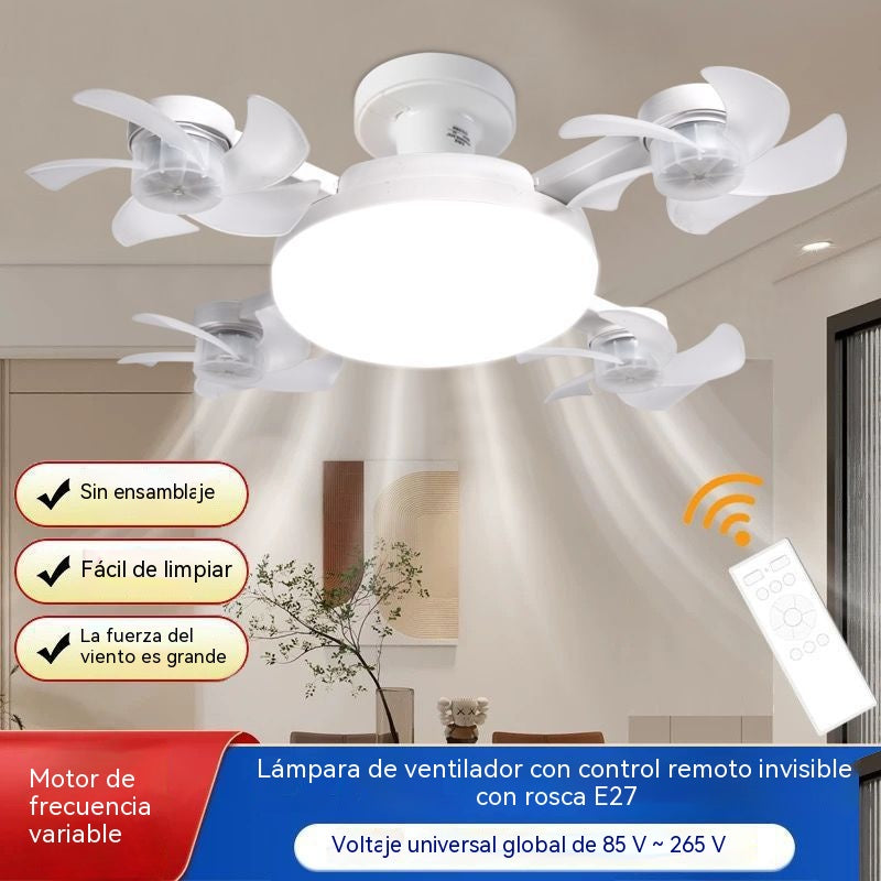 【50% de descuento en pedidos realizados hoy】Ventilador dron de cuatro aspas, bombilla E27 y mando a distancia