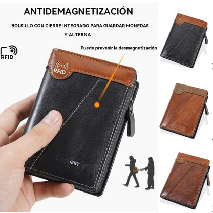 ⏰【Oferta por tiempo limitado】✨Nueva billetera con cremallera estilo retro de primera calidad para hombre con función antirrobo RFID.