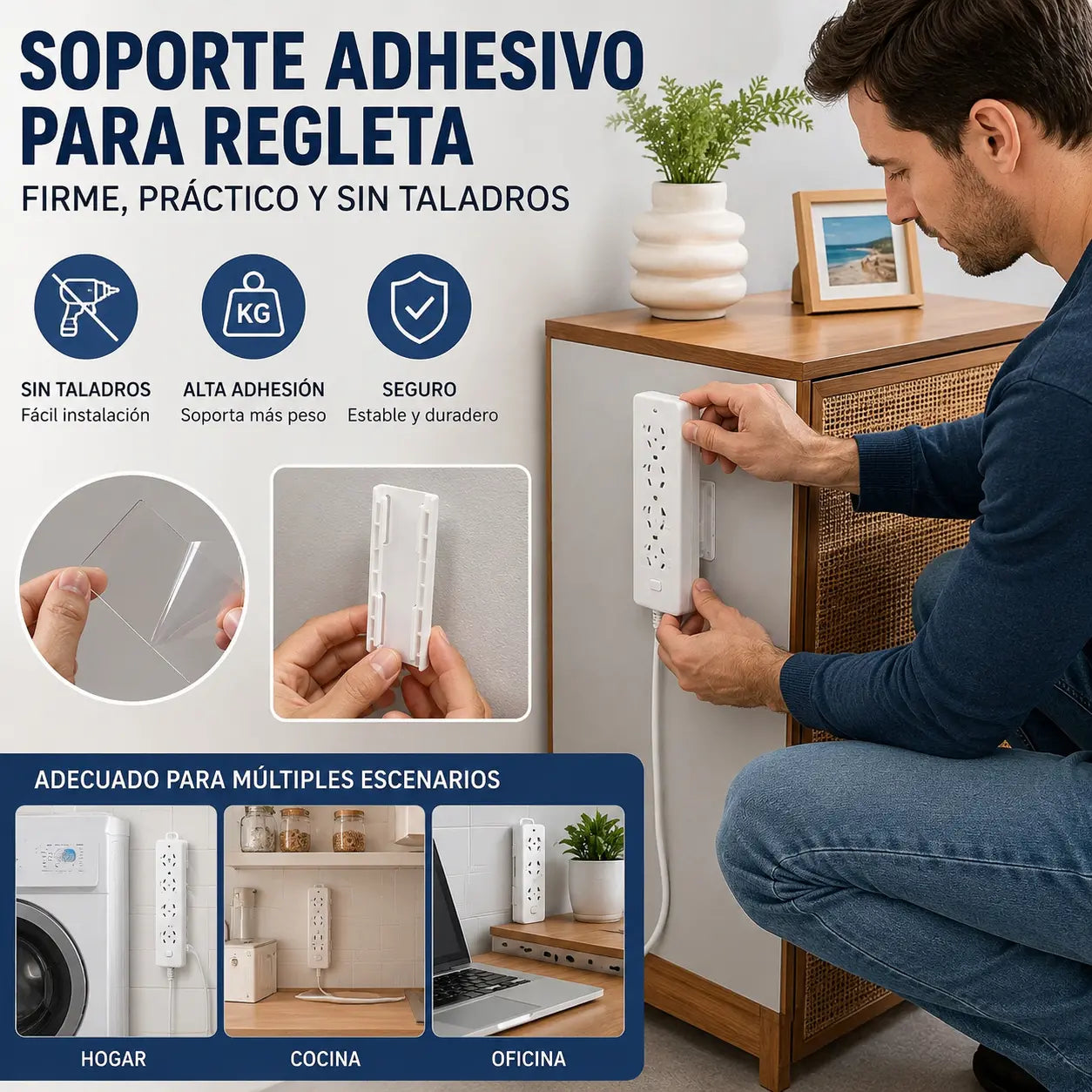 【1 juego de 4 piezas】Soporte de pared multifuncional sin necesidad de taladrar para regletas de enchufes.
