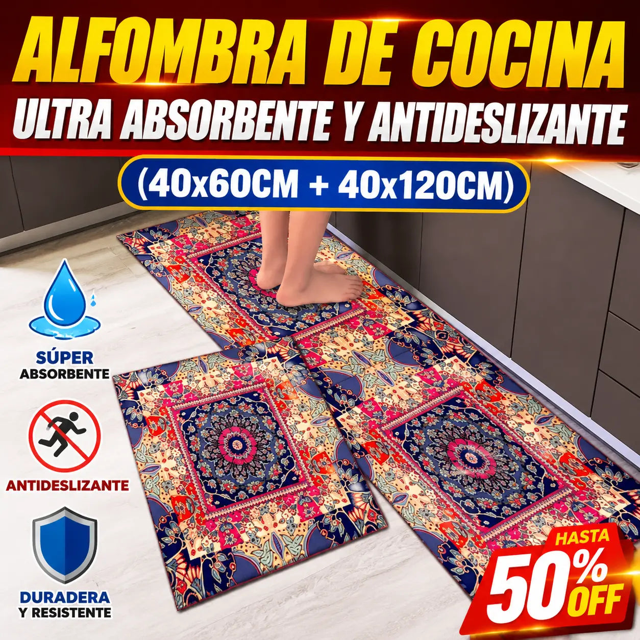 🧽 (40*60 cm + 40*120 cm)✨ Alfombra de cocina de diatomita antideslizante súper absorbente