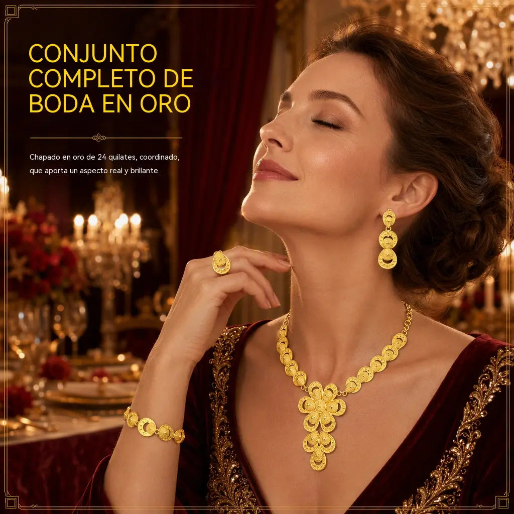 ✨ Juego de joyas nupciales chapadas en oro de 24 quilates estilo indio de Dubái: collar, pulsera, anillo y pendientes para mujer.