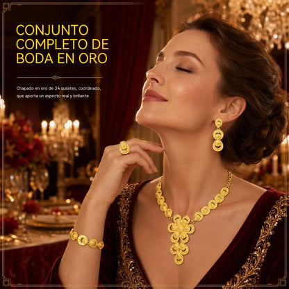 ✨ Juego de joyas nupciales chapadas en oro de 24 quilates estilo indio de Dubái: collar, pulsera, anillo y pendientes para mujer.