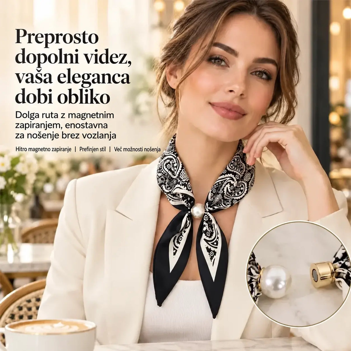 🧣 Šal z magnetnim zapenjanjem in biserom — elegantna rešitev za vsakodnevni stil, hitro in brez vezanja.