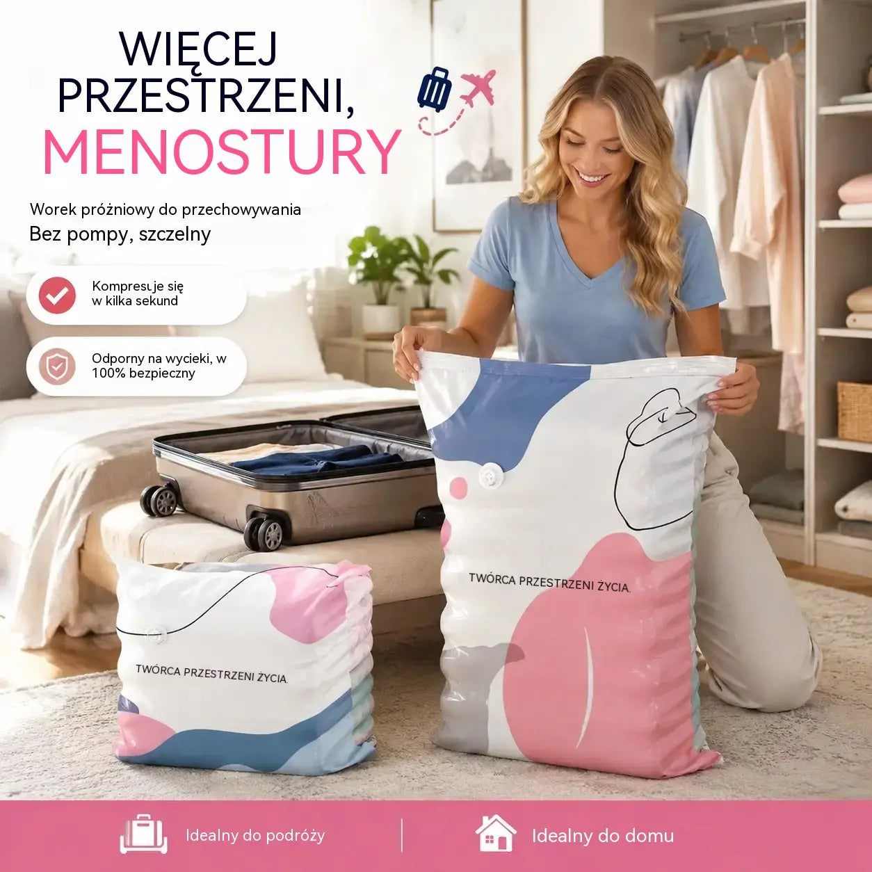 🧳【Zestaw 5-częściowy】💨 Duży, kompresyjny worek próżniowy: nie wymaga pompki, jest szczelny i idealny do oszczędzania miejsca w walizkach oraz w domu ✈️
