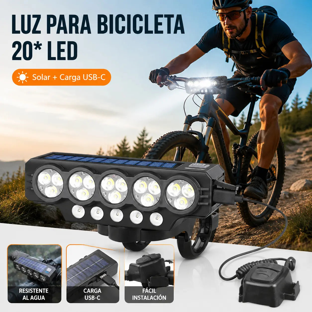 Faro solar para bicicleta con carga USB y altavoz, 900 lúmenes, luz nocturna de larga duración para ciclismo