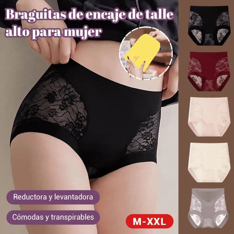 【Compra 2 y llévate 3 gratis】Braguitas de control de abdomen de alta elasticidad con encaje sin costuras para mujer, bragas moldeadoras y levantadoras de glúteos