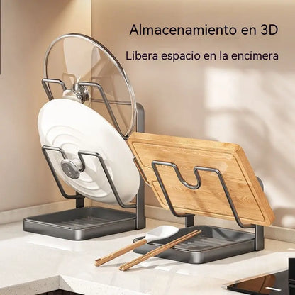 🔥🍳Estante de almacenamiento de cocina multifuncional sin necesidad de taladrar, organizador doméstico con ventosa de drenaje y soporte para tapas de ollas.