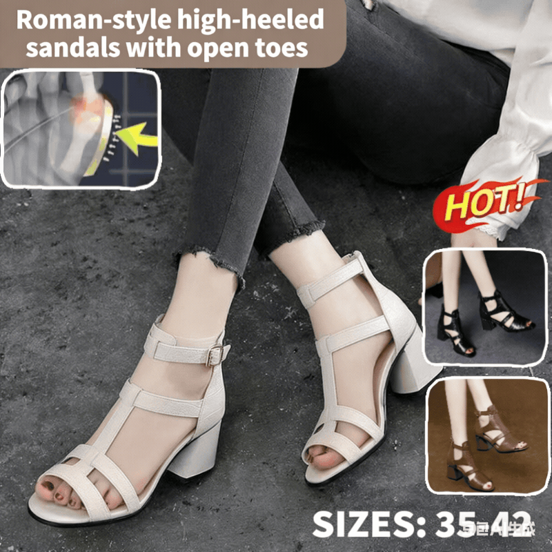 👡【35-40】Nové mäkké kožené rímske sandále s rybím dnom a dutými ústami na hrubom podpätku