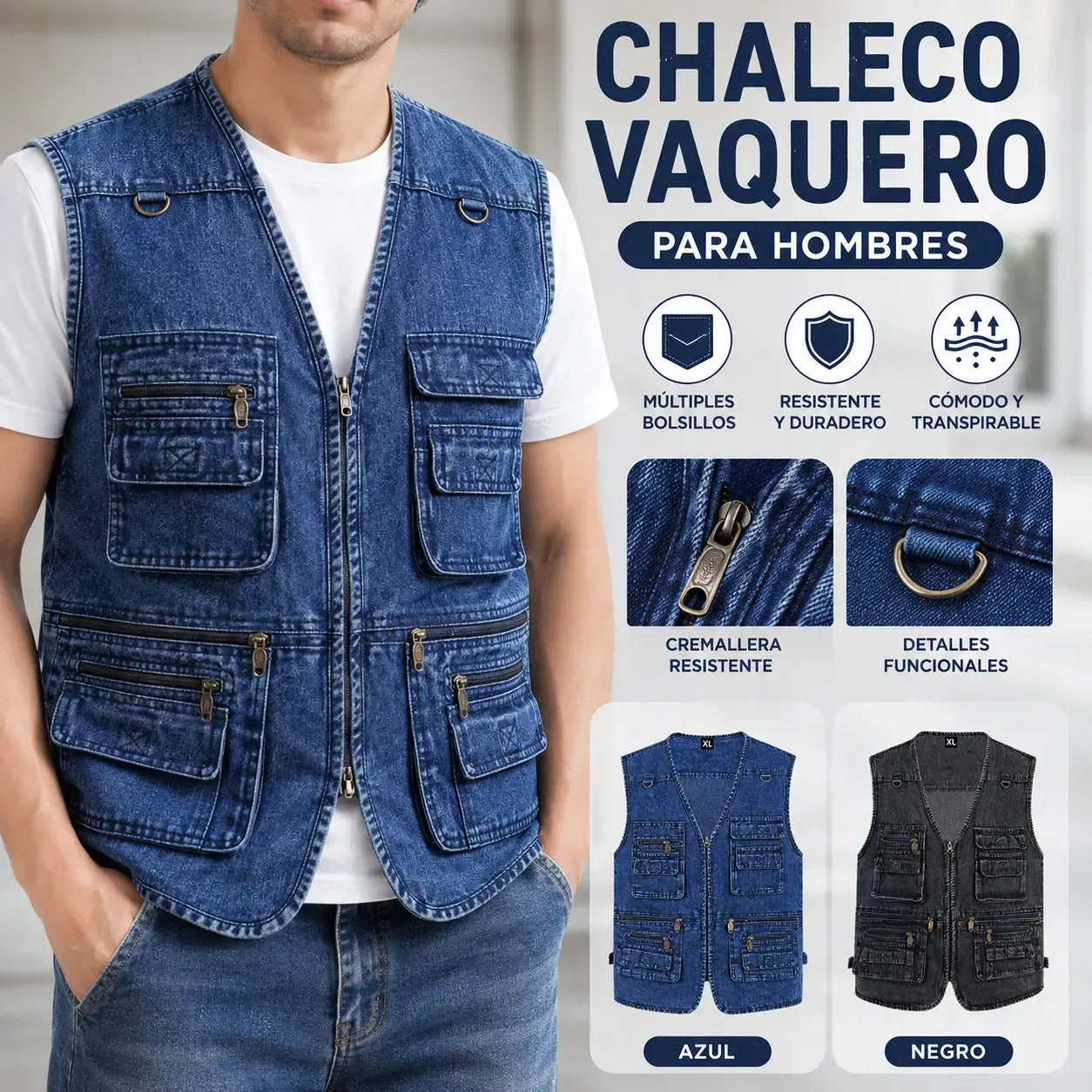 【XL-7XL】2026 Chaleco vaquero multibolsillos para hombr