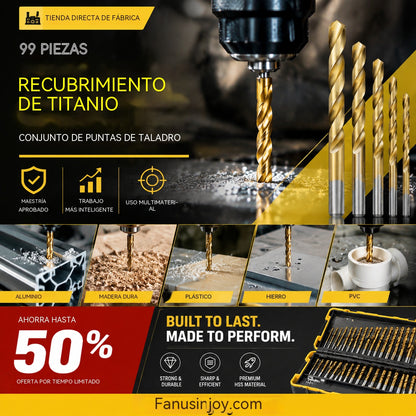 🔥 ¡A mitad de precio por tiempo limitado! 🔧 ¡Herramientas de alto rendimiento preferidas por artesanos expertos! Directo de fábrica: Juego de 99 brocas con recubrimiento de titanio.