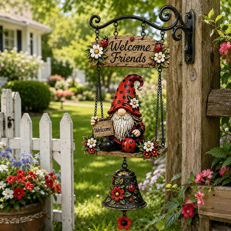 🔥Campana de bienvenida con gnomo de jardín✨ placa de "Welcome", campana de bronce estilo retro, soporte de pared de hierro, decoración para jardín y patio