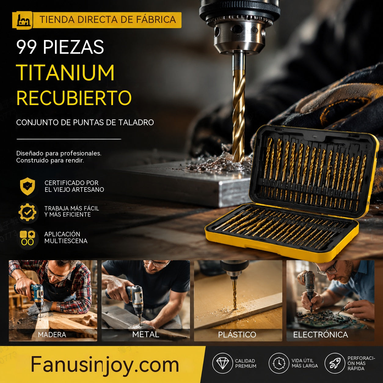 🔥 ¡A mitad de precio por tiempo limitado! 🔧 ¡Herramientas de alto rendimiento preferidas por artesanos expertos! Directo de fábrica: Juego de 99 brocas con recubrimiento de titanio.
