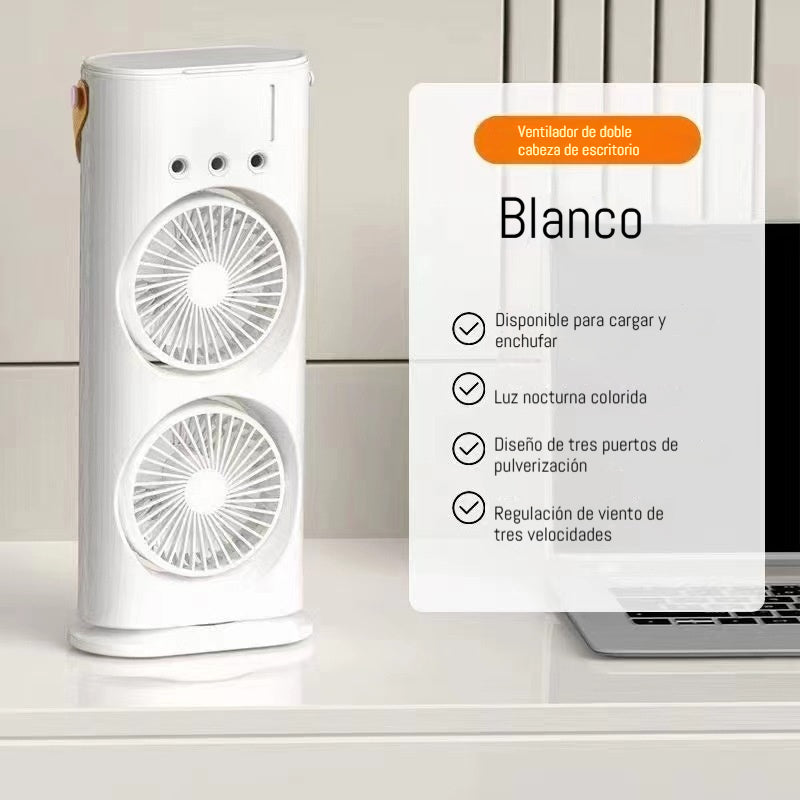 🌬️💦🔥Miniventilador recargable de doble cabezal y tres orificios con control remoto para refrigeración y nebulización.