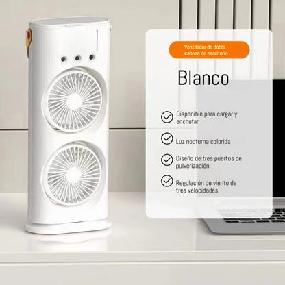 🌬️💦🔥Miniventilador recargable de doble cabezal y tres orificios con control remoto para refrigeración y nebulización.