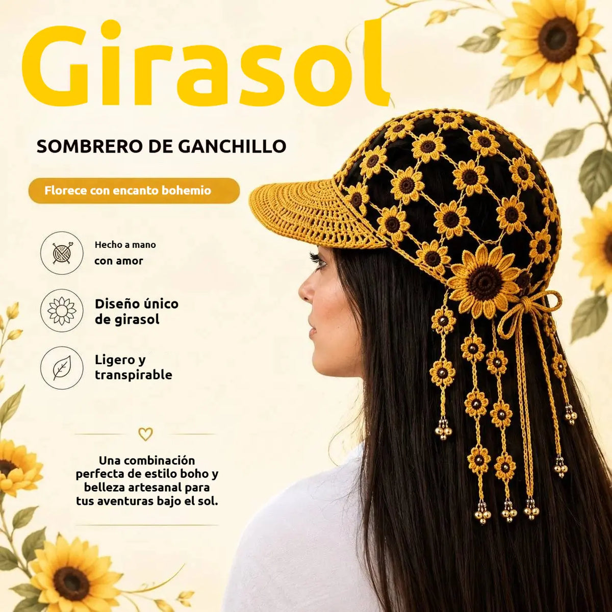 🌻🧶 Gorra de Ganchillo con Girasol para Mujer | Gorra Boho Calada de Verano con Borlas Decorativas