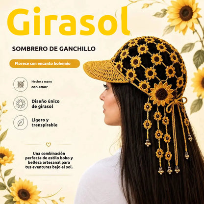 🌻🧶 Gorra de Ganchillo con Girasol para Mujer | Gorra Boho Calada de Verano con Borlas Decorativas