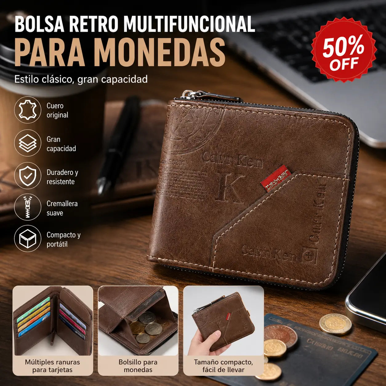 💰Cartera con cremallera estilo retro, compacta y de gran capacidad.