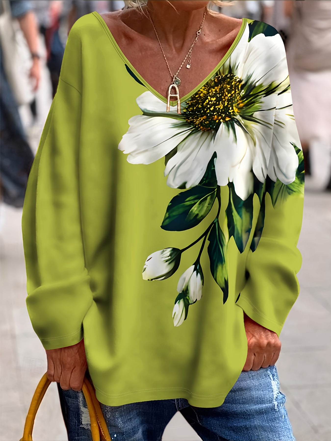 💐【S-2XL】Camiseta de moda para mujer de primavera y otoño con cuello en V y estampado floral