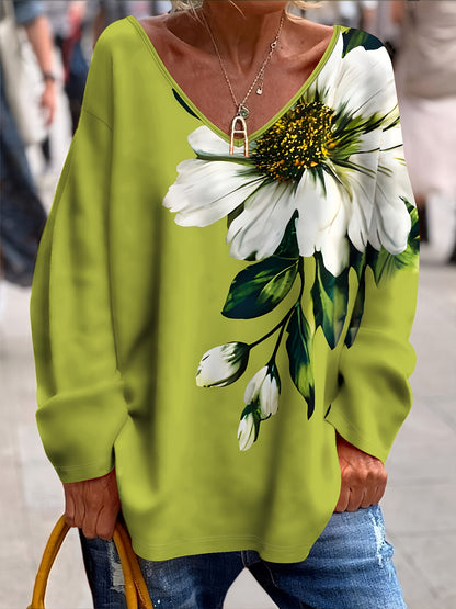 💐【S-2XL】Camiseta de moda para mujer de primavera y otoño con cuello en V y estampado floral