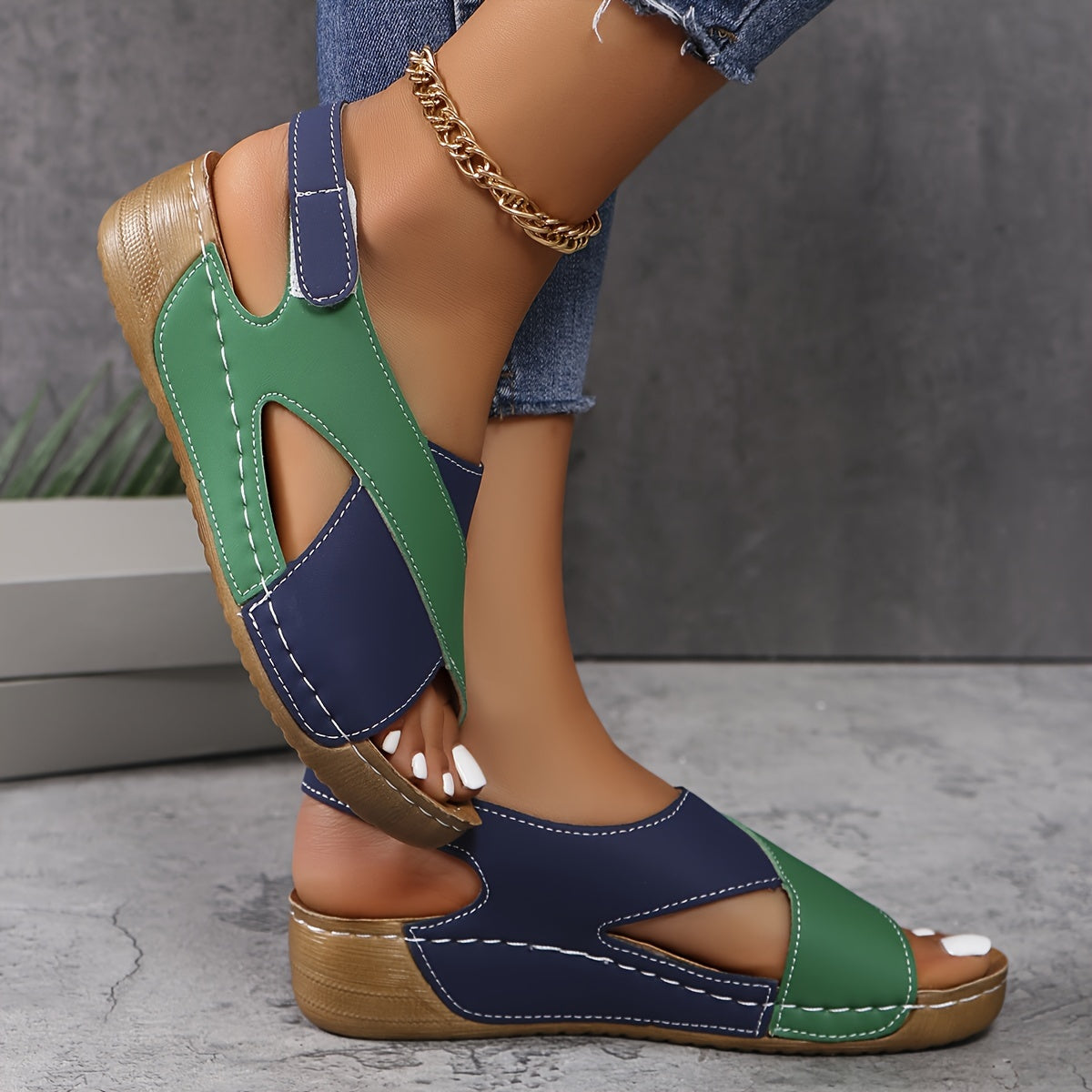 🔥👡【36-43】Sandalias de cuña de color en contraste para mujer, zapatos casuales de verano con punta abierta
