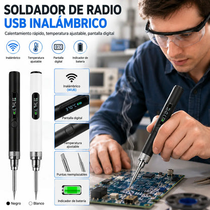 Soldador USB inalámbrico con pantalla digital, temperatura ajustable, calentamiento rápido e indicador de encendido; una herramienta electrónica para reparaciones.