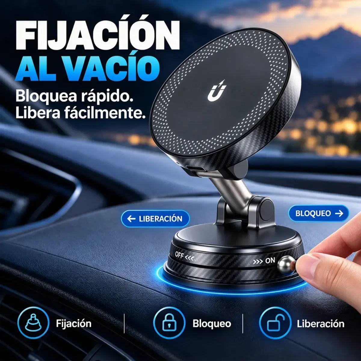 🚗📱 Soporte Magnético para Móvil con Carga Inalámbrica de 15W | Soporte de Coche con Succión al Vacío y Rotación 360°