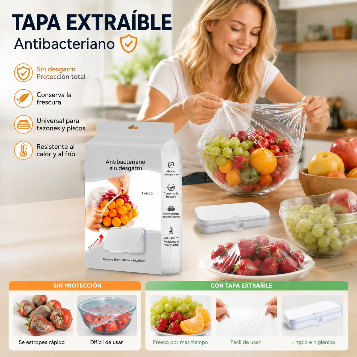 【300 piezas】Film para conservar alimentos, a prueba de polvo, antibacteriano y hermético, apto para frutas, platos y recipientes.