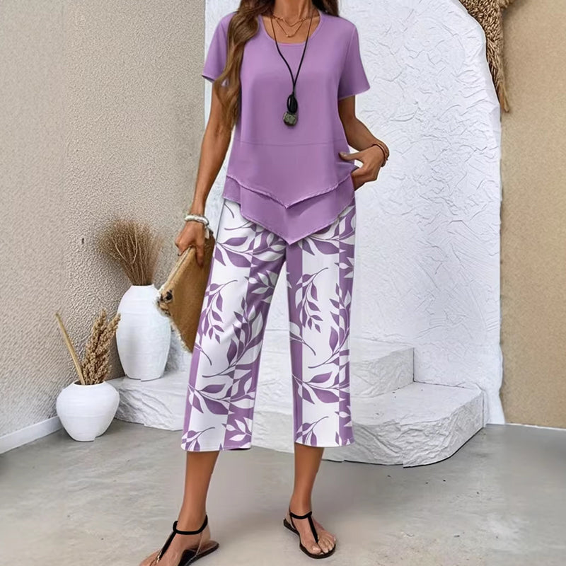 👗 ¡50% DE DESCUENTO AHORA! 🌿 Conjunto casual de túnica de cuello redondo y pantalones anchos con capas – Bajo asimétrico, pantalones estampados y transpirables ✨
