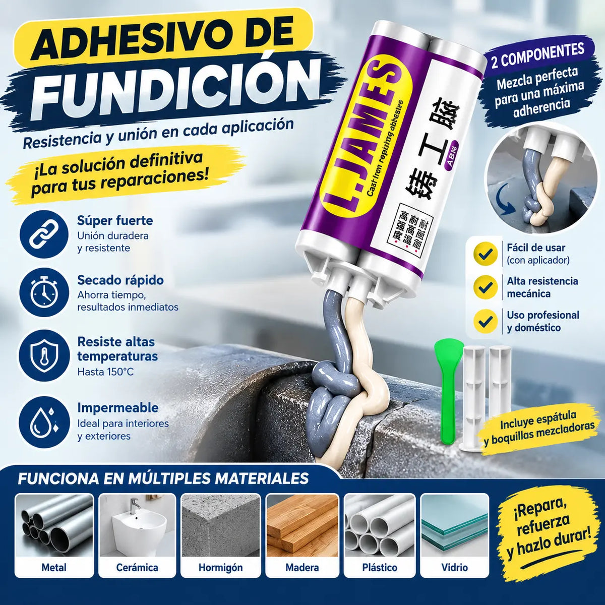 👍【2 piezas 25 euros】🧰 Adhesivo de gran resistencia para fundición. ✅ Apto para metal, acero inoxidable, plástico, etc. Se puede soldar tras el curado. 🔥 Resistente al agua y al calor.