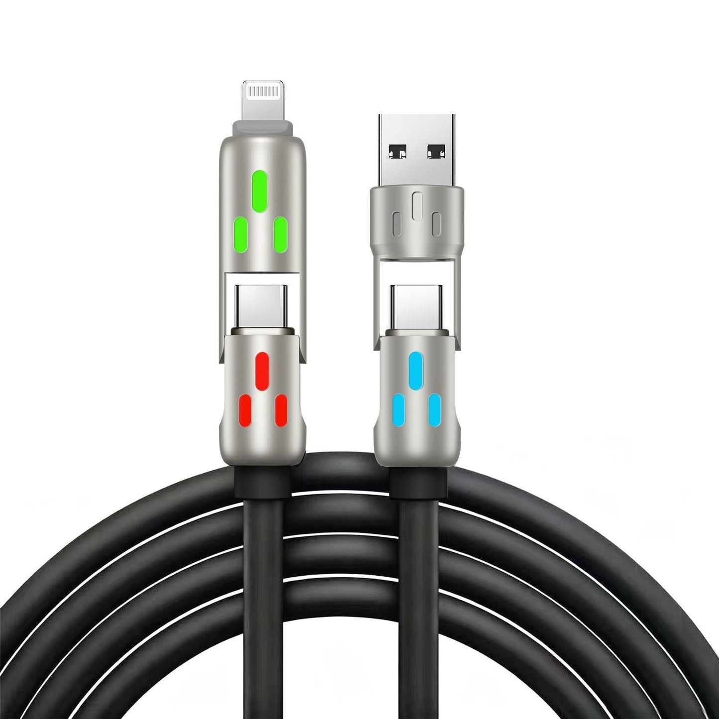🔥 【2 unidades por 26 euros】 🔥 (2 metros de largo) Cable 4 en 1 PD 240 W – Carga rápida USB‑C, Lightning y USB‑A, aluminio y silicona, sincronización de datos ⚡📱